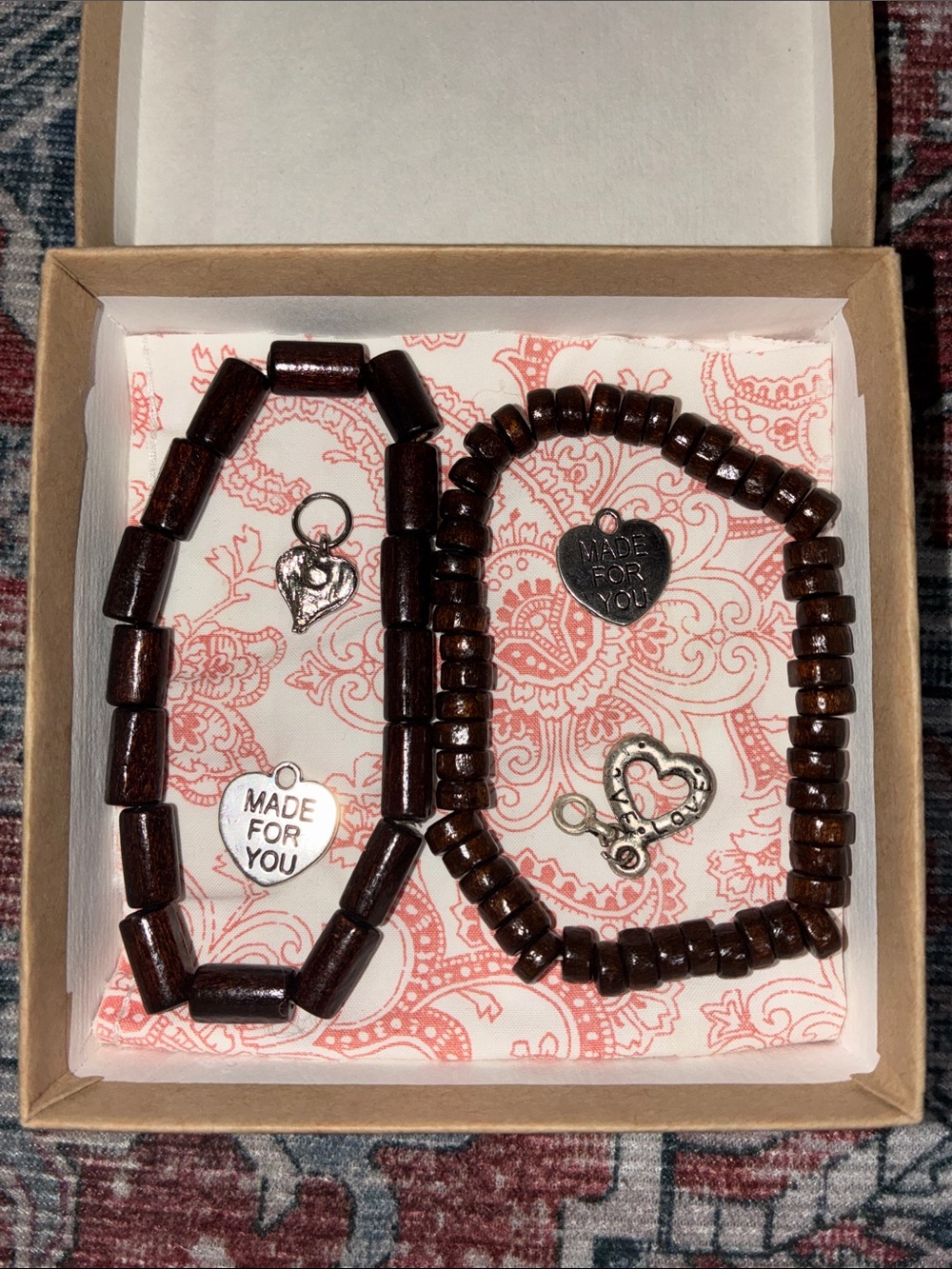 Handmade Brown Wooden Beaded Stretch Bracelet Set of 2 & 4 Silver Heart Charms